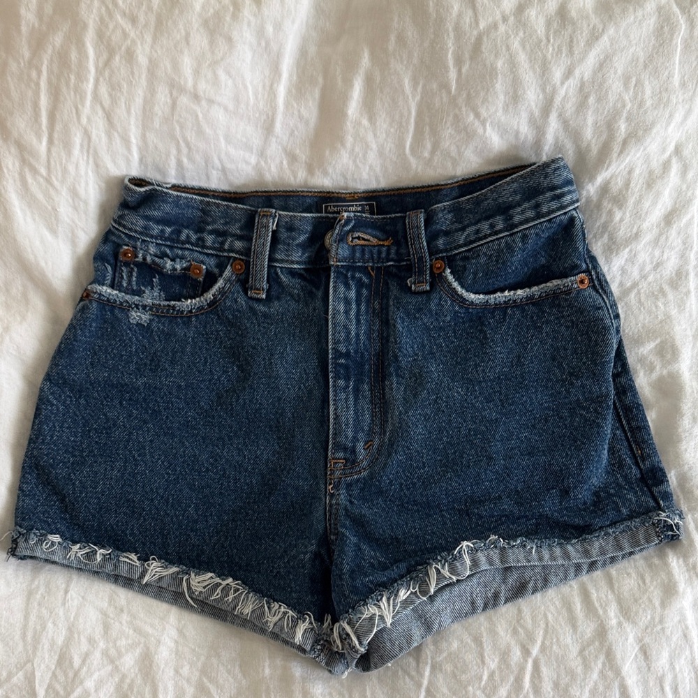 Abercrombie & Fitch Dark Blue Distressed High-Rise Denim Shorts